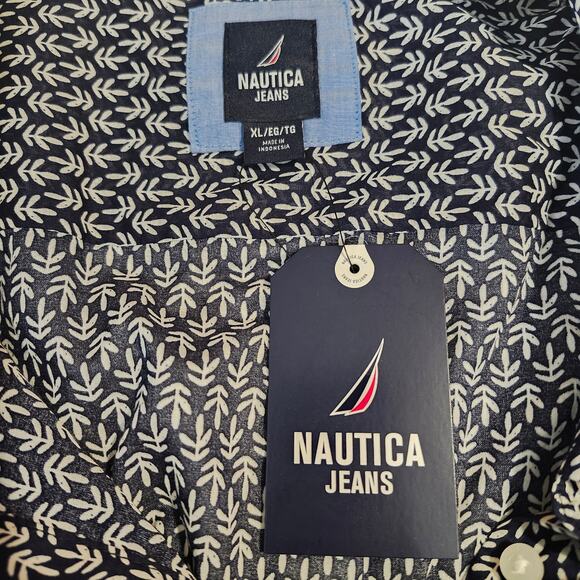 Nautica Jeans Women's NWT Button Up Roll Tab Sleeve Blue Leaf Stamp X-Large - Picture 5 of 10